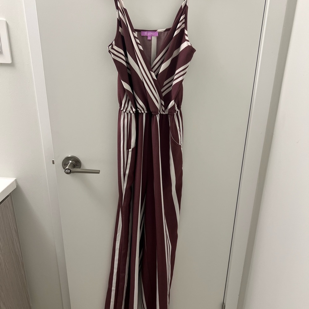 Fashion Nova Burgundy and White Striped Jumpsuit